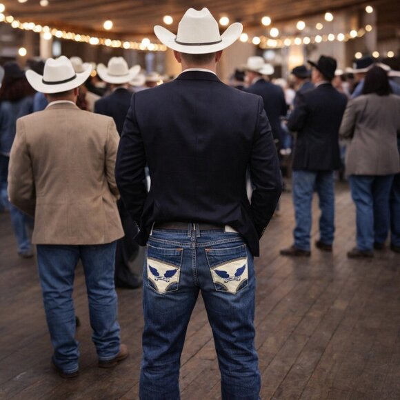 Robin’s Torrent Wing Studded Pocket Vintage Dark Wash Straight Jeans SZ 38/34 - Picture 2 of 11